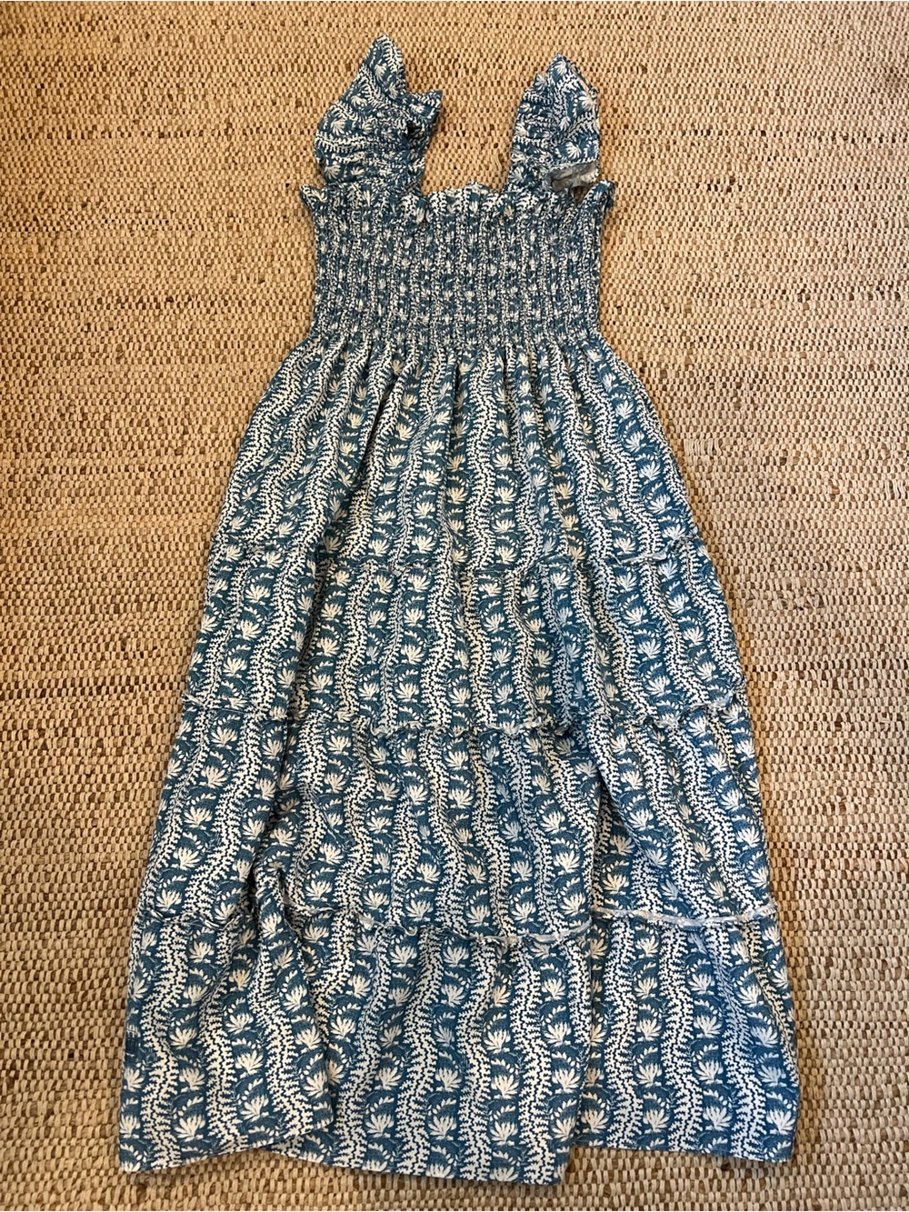 Hill House Blue Printed Smocked Midi Dress with Ruffle Straps - Picture 2 of 2
